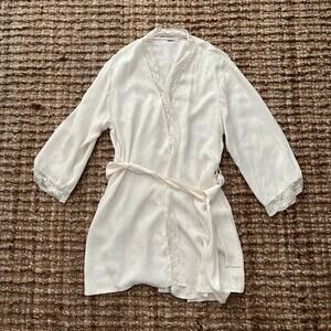Vintage Mia-Mia 100% Pure Silk Kimono Robe Gown White Lace Floral Size L